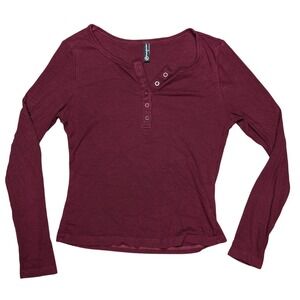 Pretty Garden Small Burgundy Stretchy Long Sleeve Henley Tee Shirt